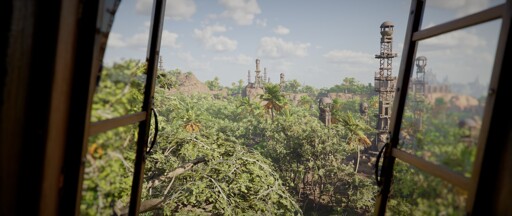 First-person view through an open window frame overlooking a sprawling settlement. Dense green vegetation fills the foreground, while multiple ornate towers and stone structures rise across a rocky, vegetation-dotted landscape beneath a partly cloudy sky. The architecture suggests a fantasy-inspired aesthetic.