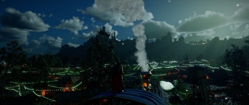 A steam train releases a towering column of steam while traveling through a lighted nighttime settlement adorned with glowing green decorative garlands, surrounded by dark mountainous terrain and distant towers.